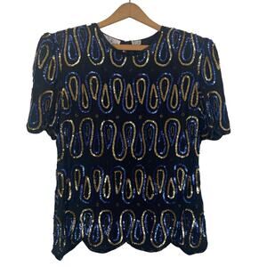 Vtg Lawrence Kazar Silk Sequin Top Small Beaded Cocktail Party Glam Maximalist